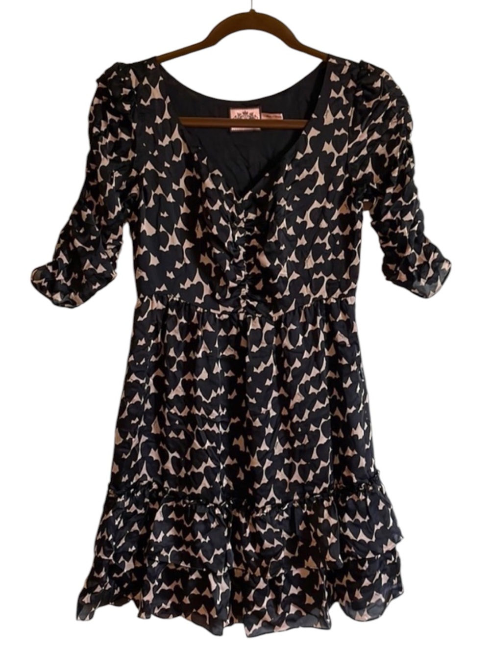 Y2K Juicy Couture Dress 100% Silk Black Heart 0 Ruffle Pink Mini Grunge Babydoll